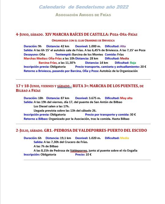 Calendario de rutas 2022