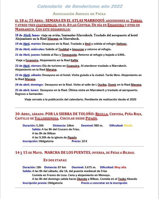 Calendario de rutas 2022