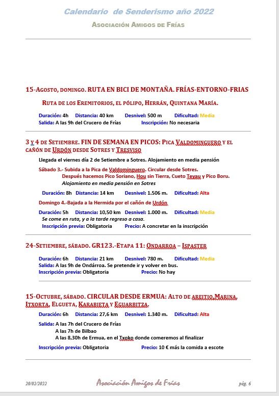 Calendario de rutas 2022