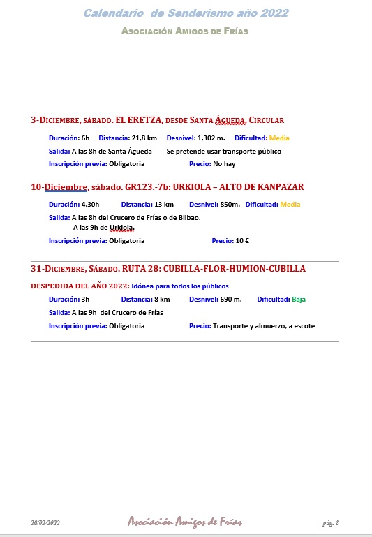 Calendario de rutas 2022