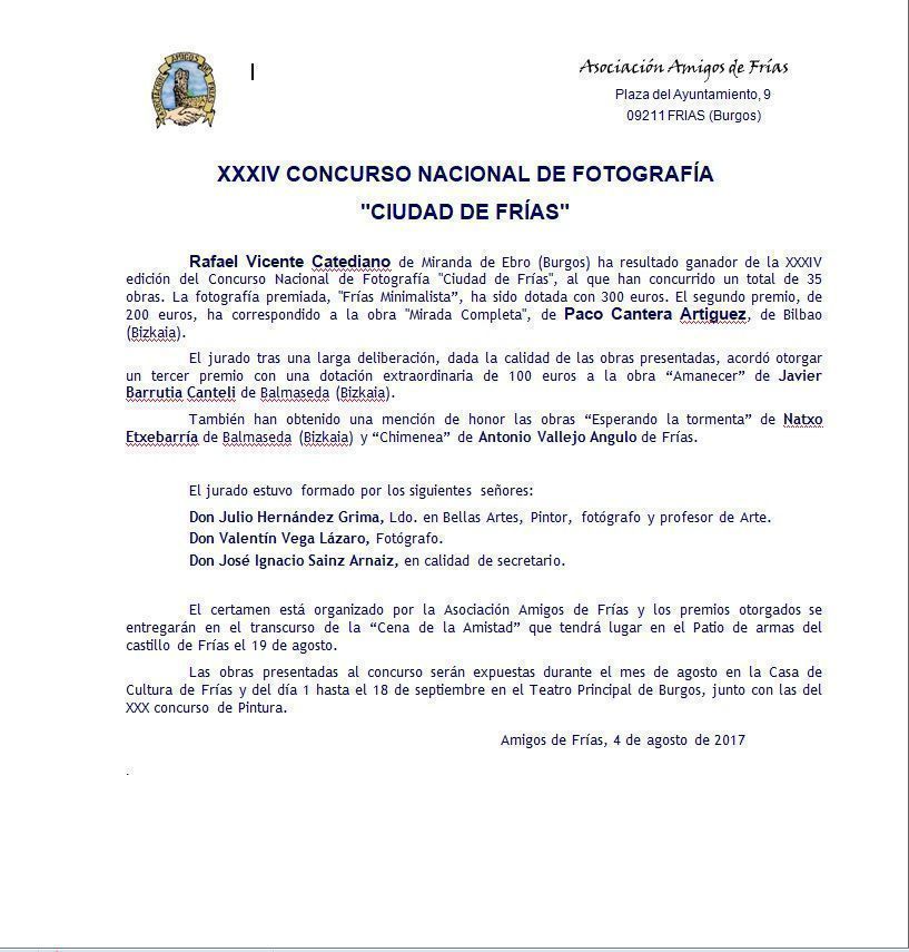 XXXIV CONCURSO NACIONAL DE FOTOGRAFÍA "CIUDAD DE FRÍAS" 