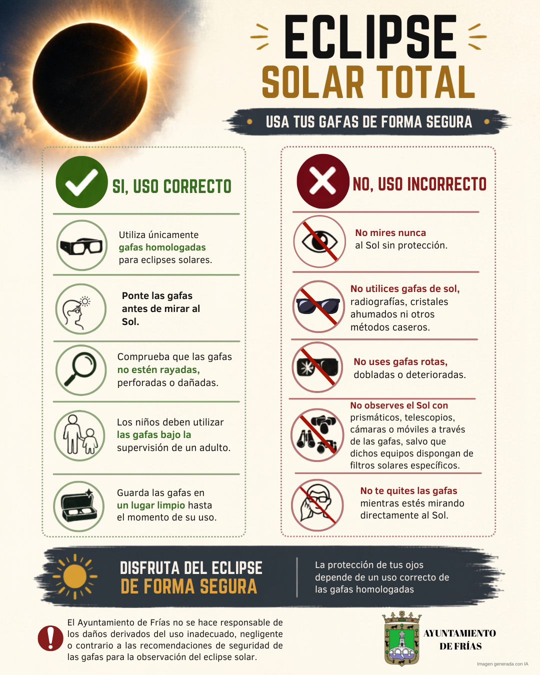 El Ayuntamiento de Frías recuerda las recomendaciones para observar el eclipse solar total con seguridad