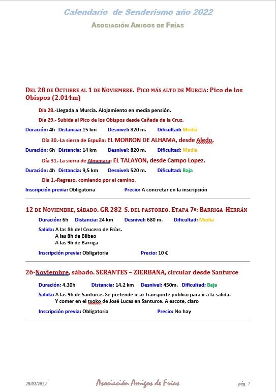 Calendario de rutas 2022
